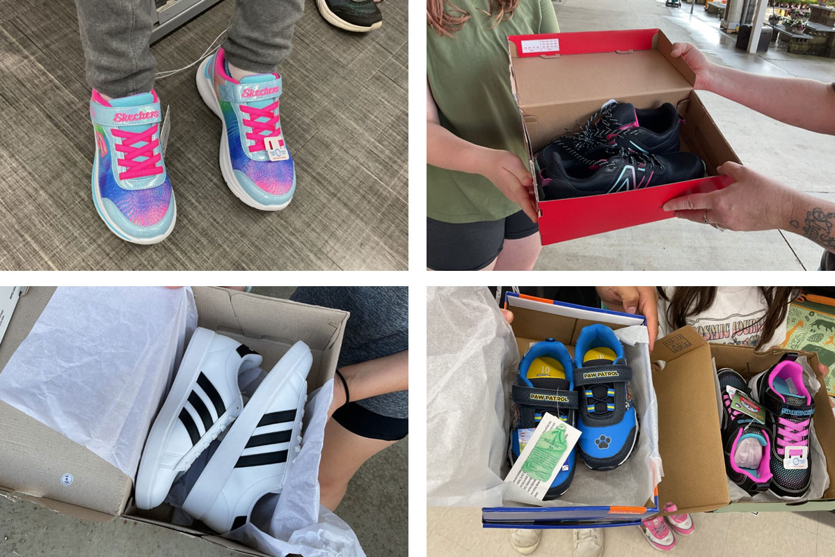 Kids show off their new school shoes.