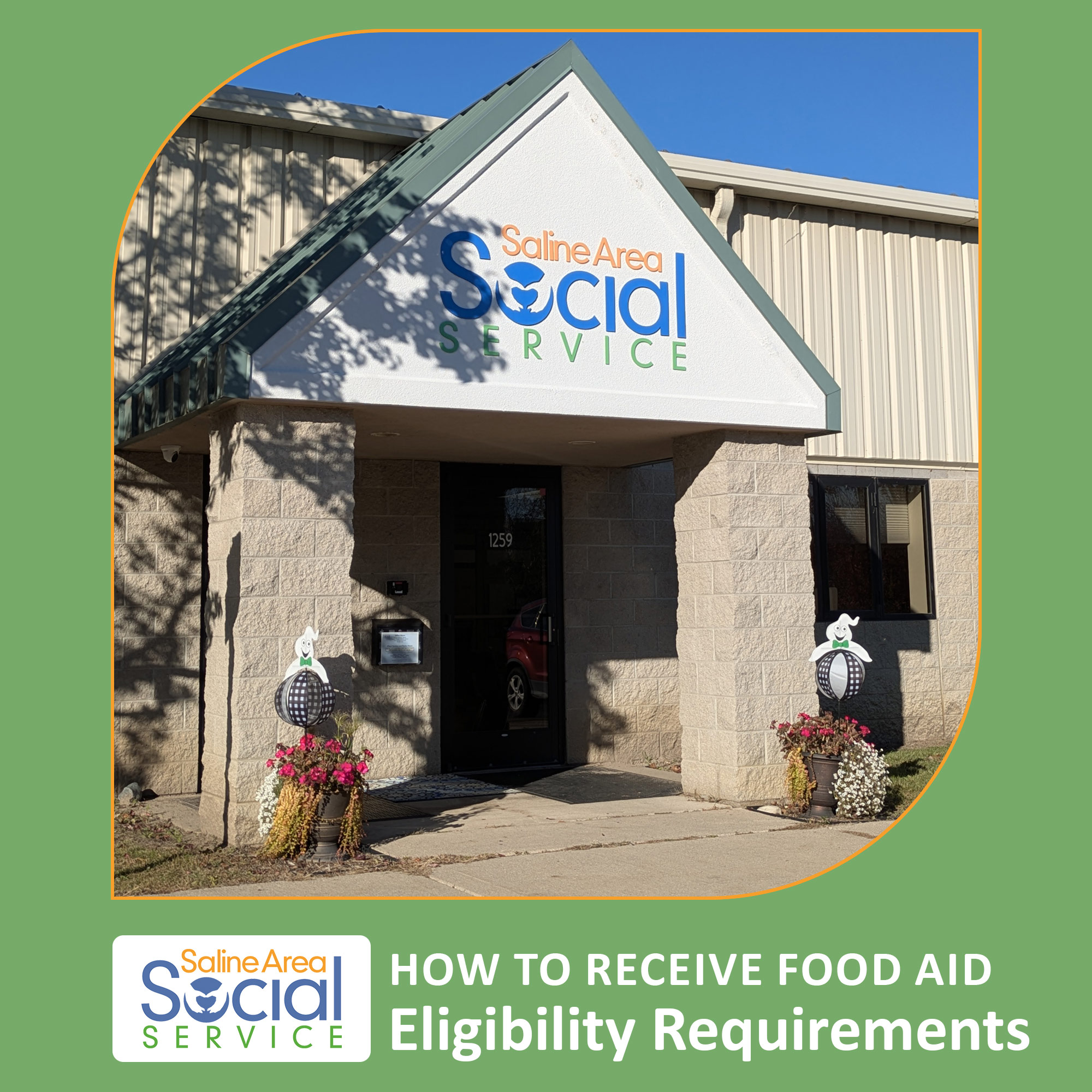 Front entrance of Saline Area Social Service: Food pantry applications